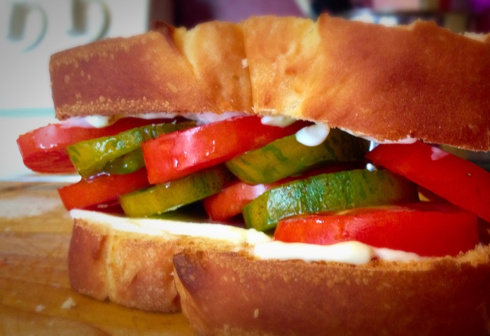 For this particular sandwich I used a variety of Roma tomatoes and a unique Green Zebra Tomato. Although green, they are ripe and have a sweet and tangy flavor.